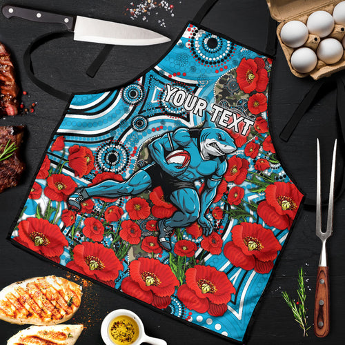 Personalised Cronulla Sharks ANZAC Apron Indigenous Wave Pattern Poppy Remembrance Shark Warrior
