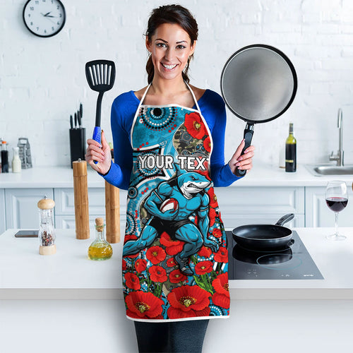 Personalised Cronulla Sharks ANZAC Apron Indigenous Wave Pattern Poppy Remembrance Shark Warrior