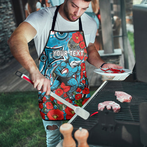 Personalised Cronulla Sharks ANZAC Apron Indigenous Wave Pattern Poppy Remembrance Shark Warrior