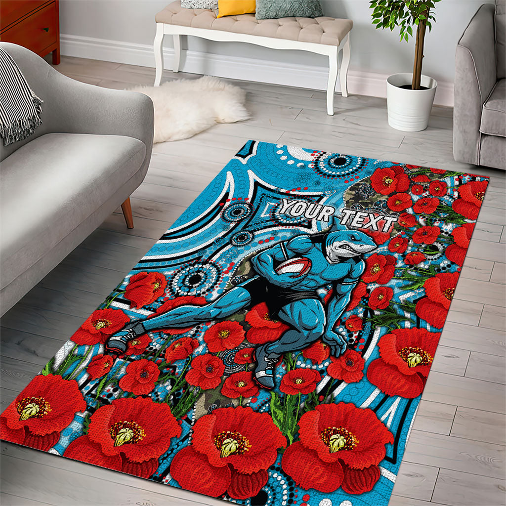 Personalised Cronulla Sharks ANZAC Area Rug Indigenous Wave Pattern Poppy Remembrance Shark Warrior