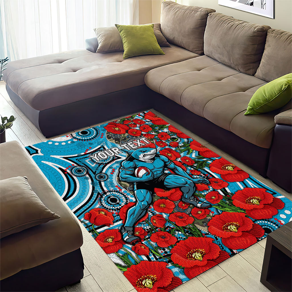 Personalised Cronulla Sharks ANZAC Area Rug Indigenous Wave Pattern Poppy Remembrance Shark Warrior