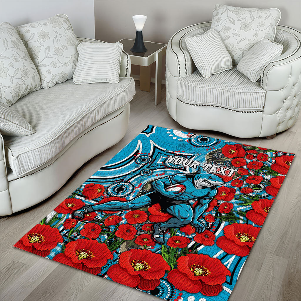 Personalised Cronulla Sharks ANZAC Area Rug Indigenous Wave Pattern Poppy Remembrance Shark Warrior