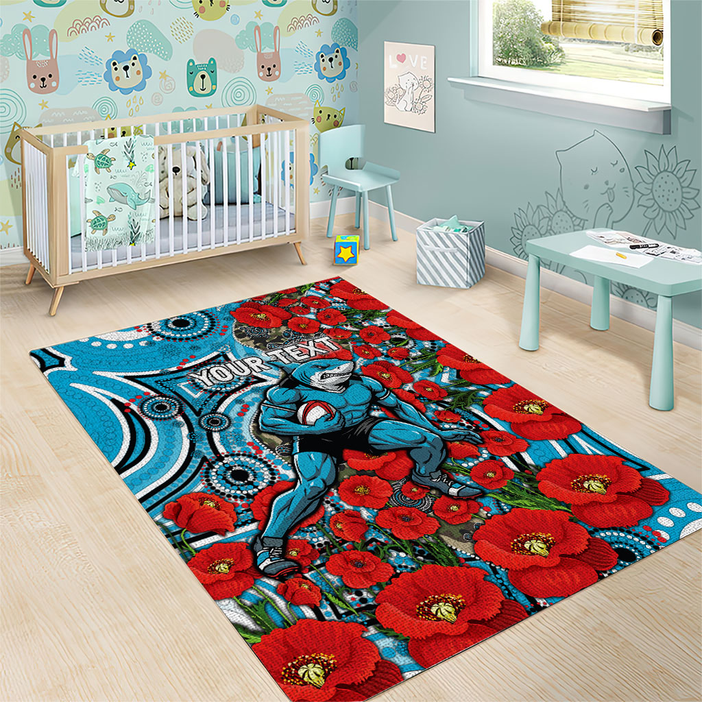 Personalised Cronulla Sharks ANZAC Area Rug Indigenous Wave Pattern Poppy Remembrance Shark Warrior