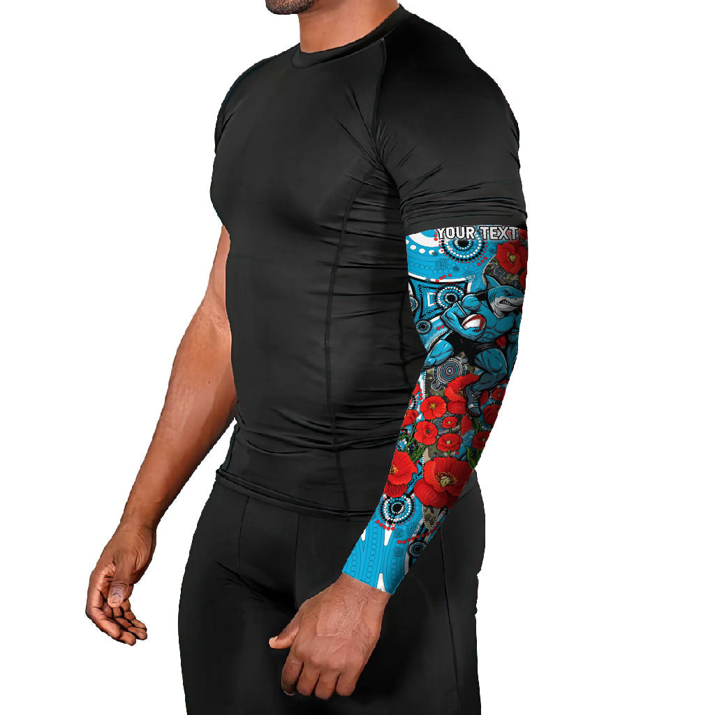 Personalised Cronulla Sharks ANZAC Arm Sleeves Indigenous Wave Pattern Poppy Remembrance Shark Warrior