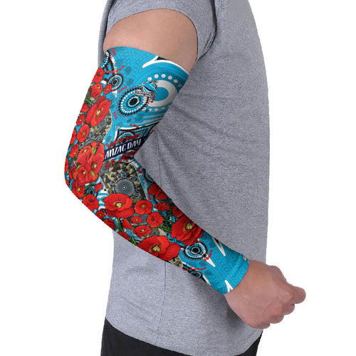 Personalised Cronulla Sharks ANZAC Arm Sleeves Indigenous Wave Pattern Poppy Remembrance Shark Warrior