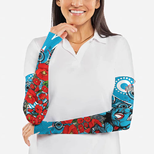 Personalised Cronulla Sharks ANZAC Arm Sleeves Indigenous Wave Pattern Poppy Remembrance Shark Warrior