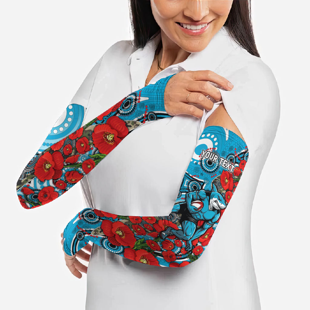 Personalised Cronulla Sharks ANZAC Arm Sleeves Indigenous Wave Pattern Poppy Remembrance Shark Warrior