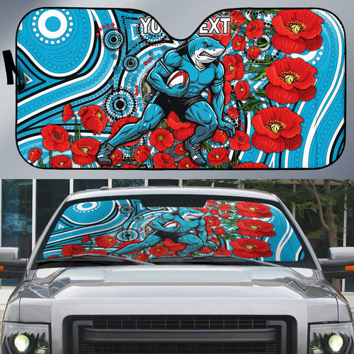 Personalised Cronulla Sharks ANZAC Auto Sun Shade Indigenous Wave Pattern Poppy Remembrance Shark Warrior