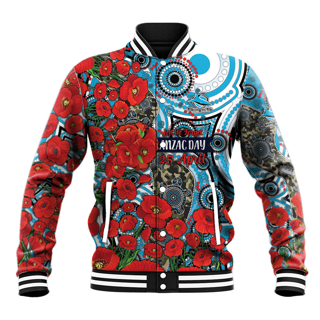 Personalised Cronulla Sharks ANZAC Baseball Jacket Indigenous Wave Pattern Poppy Remembrance Shark Warrior