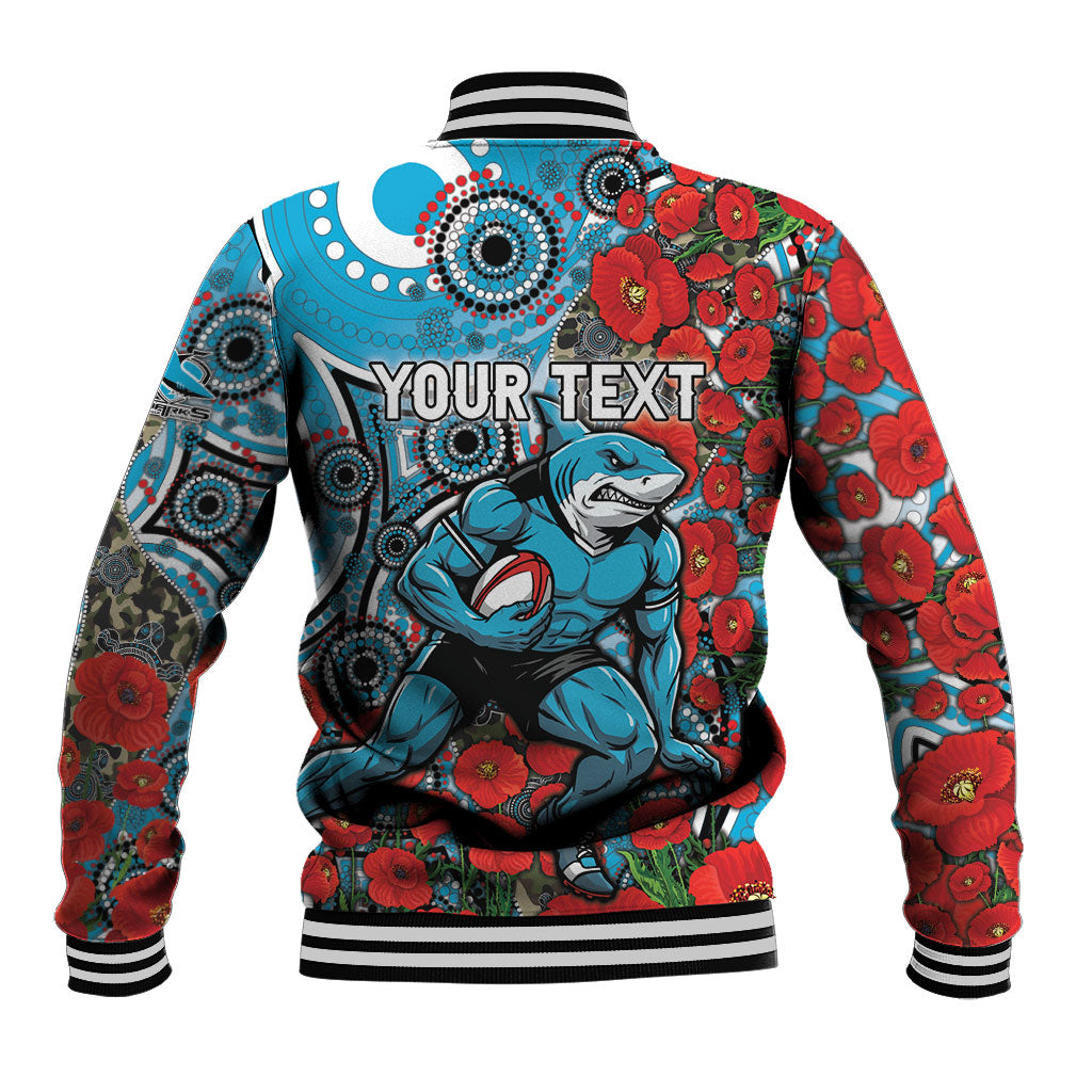 Personalised Cronulla Sharks ANZAC Baseball Jacket Indigenous Wave Pattern Poppy Remembrance Shark Warrior