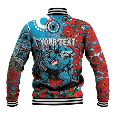 Personalised Cronulla Sharks ANZAC Baseball Jacket Indigenous Wave Pattern Poppy Remembrance Shark Warrior