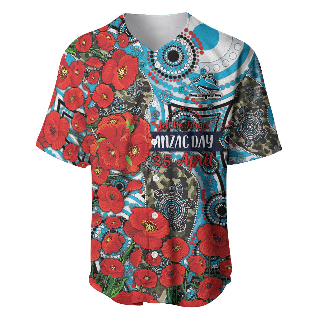 Personalised Cronulla Sharks ANZAC Baseball Jersey Indigenous Wave Pattern Poppy Remembrance Shark Warrior