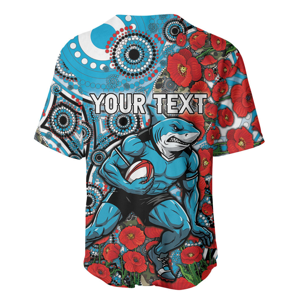 Personalised Cronulla Sharks ANZAC Baseball Jersey Indigenous Wave Pattern Poppy Remembrance Shark Warrior
