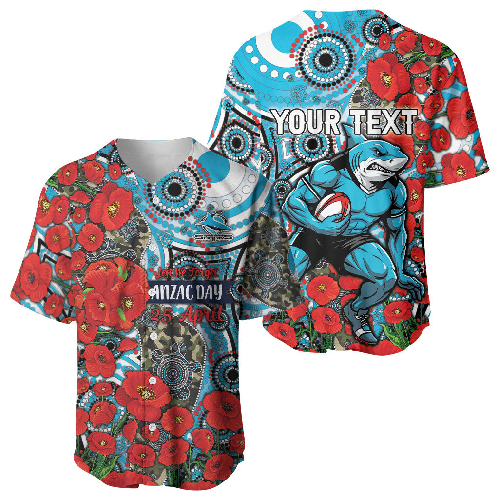 Personalised Cronulla Sharks ANZAC Baseball Jersey Indigenous Wave Pattern Poppy Remembrance Shark Warrior