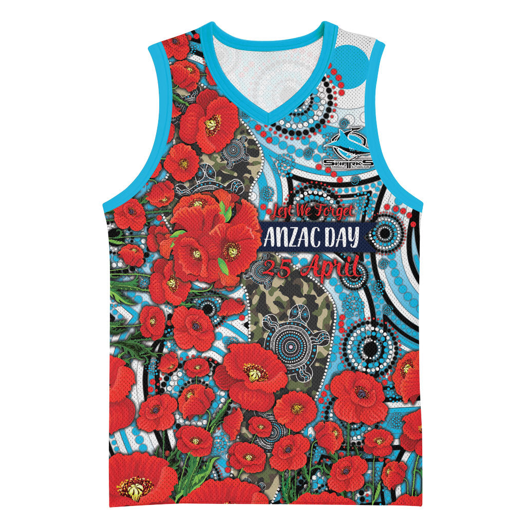 Personalised Cronulla Sharks ANZAC Basketball Jersey Indigenous Wave Pattern Poppy Remembrance Shark Warrior