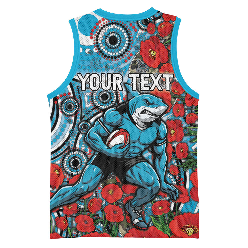 Personalised Cronulla Sharks ANZAC Basketball Jersey Indigenous Wave Pattern Poppy Remembrance Shark Warrior