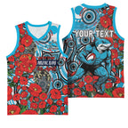 Personalised Cronulla Sharks ANZAC Basketball Jersey Indigenous Wave Pattern Poppy Remembrance Shark Warrior