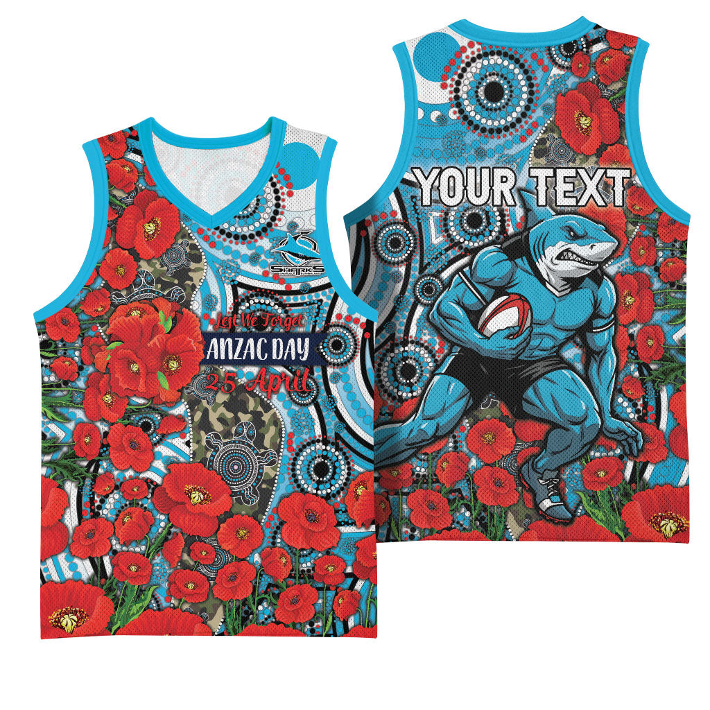 Personalised Cronulla Sharks ANZAC Basketball Jersey Indigenous Wave Pattern Poppy Remembrance Shark Warrior