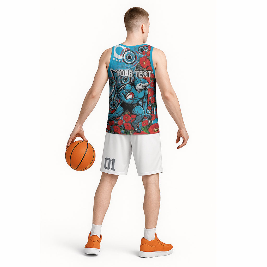 Personalised Cronulla Sharks ANZAC Basketball Jersey Indigenous Wave Pattern Poppy Remembrance Shark Warrior