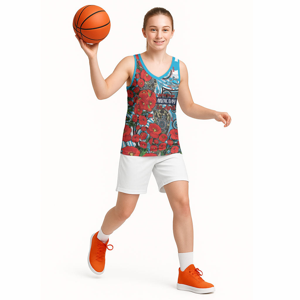 Personalised Cronulla Sharks ANZAC Basketball Jersey Indigenous Wave Pattern Poppy Remembrance Shark Warrior