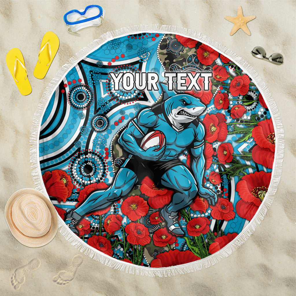 Personalised Cronulla Sharks ANZAC Beach Blanket Indigenous Wave Pattern Poppy Remembrance Shark Warrior