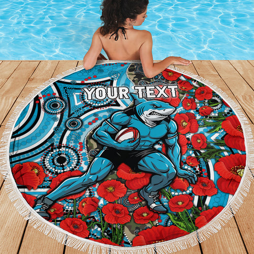 Personalised Cronulla Sharks ANZAC Beach Blanket Indigenous Wave Pattern Poppy Remembrance Shark Warrior