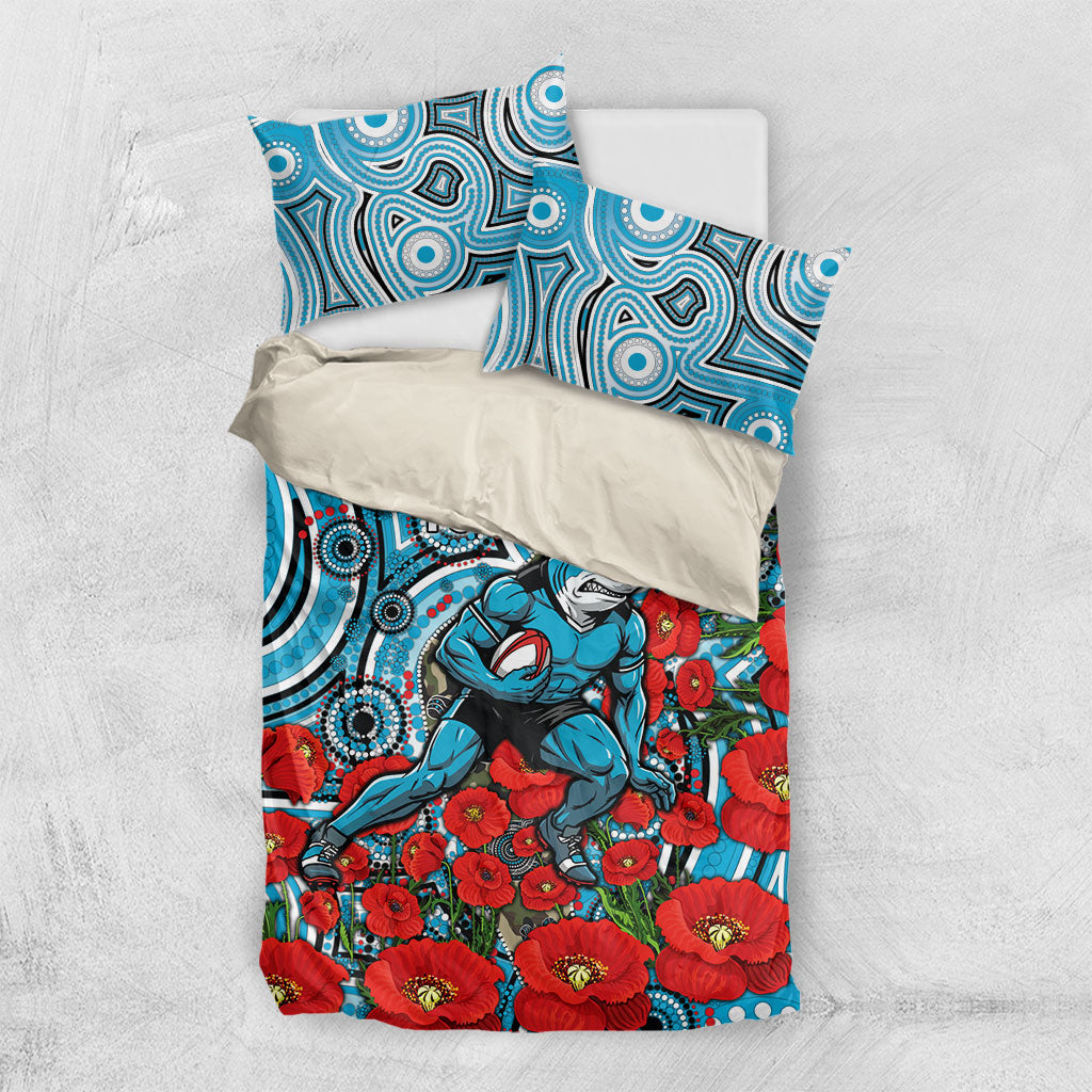 Personalised Cronulla Sharks ANZAC Bedding Set Indigenous Wave Pattern Poppy Remembrance Shark Warrior