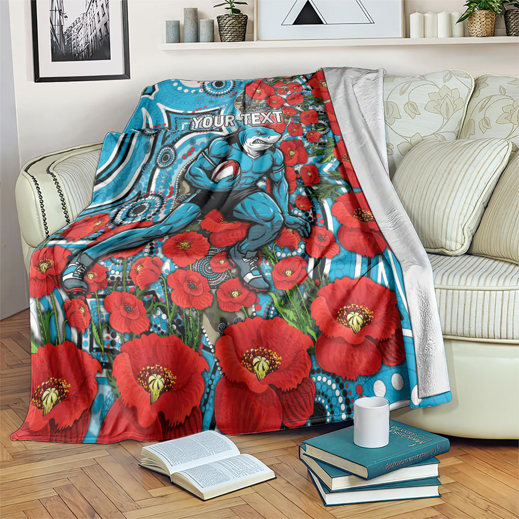 Personalised Cronulla Sharks ANZAC Blanket Indigenous Wave Pattern Poppy Remembrance Shark Warrior