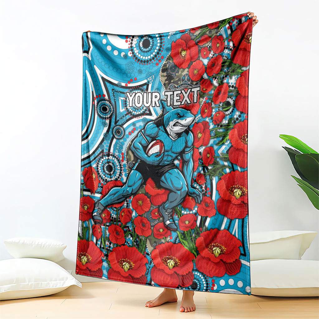 Personalised Cronulla Sharks ANZAC Blanket Indigenous Wave Pattern Poppy Remembrance Shark Warrior