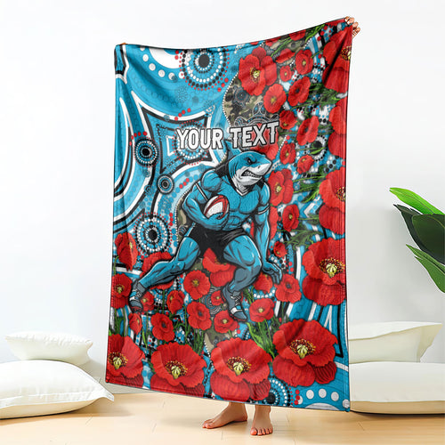 Personalised Cronulla Sharks ANZAC Blanket Indigenous Wave Pattern Poppy Remembrance Shark Warrior