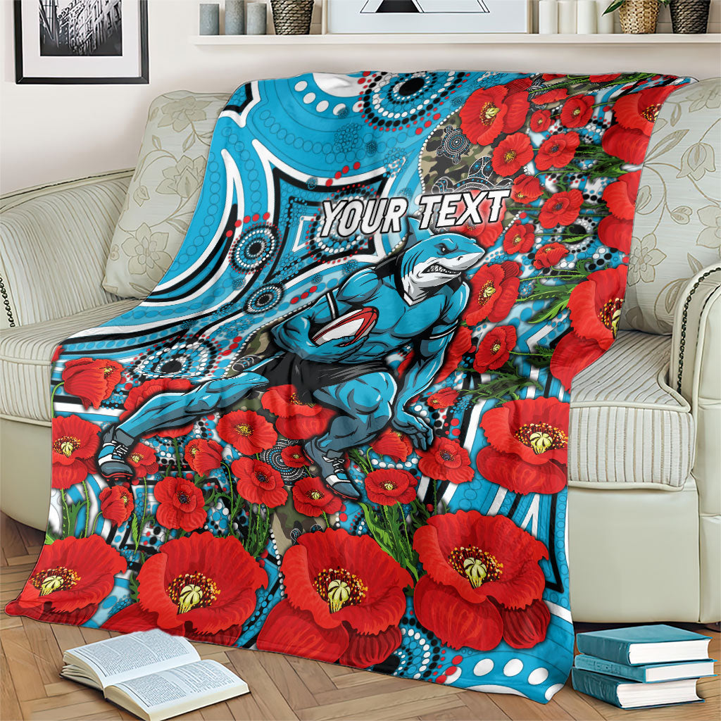 Personalised Cronulla Sharks ANZAC Blanket Indigenous Wave Pattern Poppy Remembrance Shark Warrior