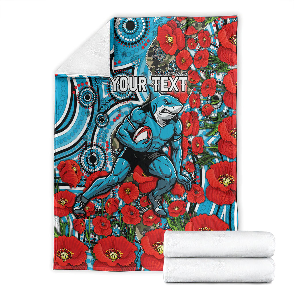 Personalised Cronulla Sharks ANZAC Blanket Indigenous Wave Pattern Poppy Remembrance Shark Warrior