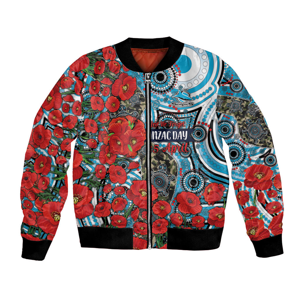 Personalised Cronulla Sharks ANZAC Bomber Jacket Indigenous Wave Pattern Poppy Remembrance Shark Warrior