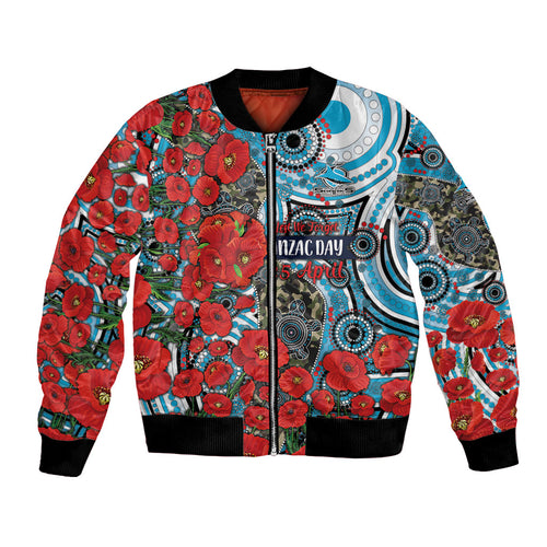 Personalised Cronulla Sharks ANZAC Bomber Jacket Indigenous Wave Pattern Poppy Remembrance Shark Warrior