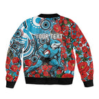 Personalised Cronulla Sharks ANZAC Bomber Jacket Indigenous Wave Pattern Poppy Remembrance Shark Warrior