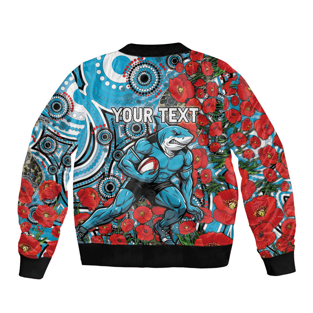 Personalised Cronulla Sharks ANZAC Bomber Jacket Indigenous Wave Pattern Poppy Remembrance Shark Warrior