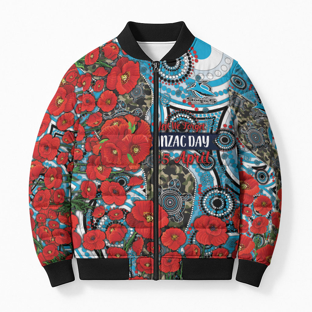 Personalised Cronulla Sharks ANZAC Bomber Puffer Jacket Indigenous Wave Pattern Poppy Remembrance Shark Warrior