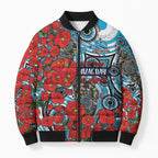 Personalised Cronulla Sharks ANZAC Bomber Puffer Jacket Indigenous Wave Pattern Poppy Remembrance Shark Warrior