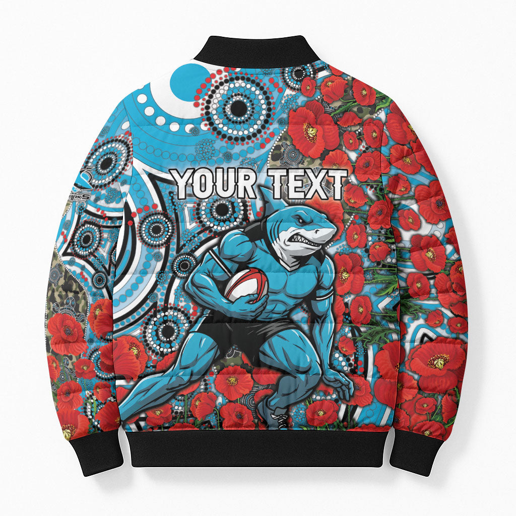 Personalised Cronulla Sharks ANZAC Bomber Puffer Jacket Indigenous Wave Pattern Poppy Remembrance Shark Warrior