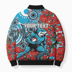 Personalised Cronulla Sharks ANZAC Bomber Puffer Jacket Indigenous Wave Pattern Poppy Remembrance Shark Warrior