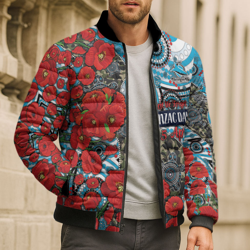 Personalised Cronulla Sharks ANZAC Bomber Puffer Jacket Indigenous Wave Pattern Poppy Remembrance Shark Warrior