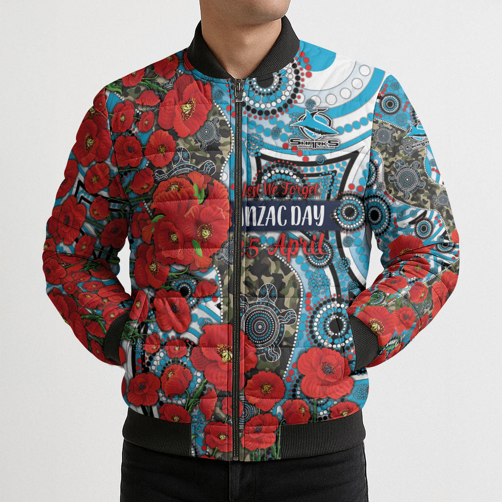 Personalised Cronulla Sharks ANZAC Bomber Puffer Jacket Indigenous Wave Pattern Poppy Remembrance Shark Warrior