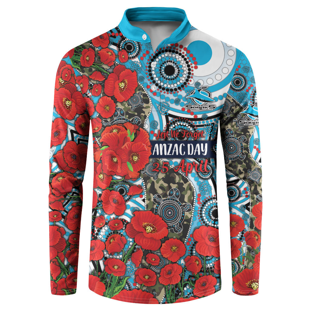 Personalised Cronulla Sharks ANZAC Button Sweatshirt Indigenous Wave Pattern Poppy Remembrance Shark Warrior