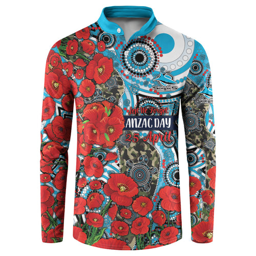 Personalised Cronulla Sharks ANZAC Button Sweatshirt Indigenous Wave Pattern Poppy Remembrance Shark Warrior