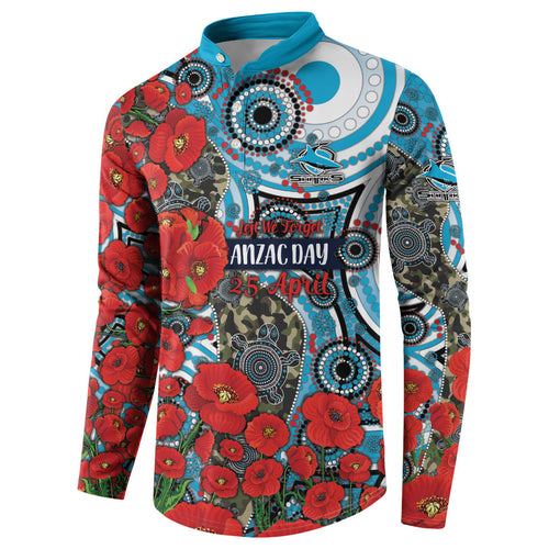 Personalised Cronulla Sharks ANZAC Button Sweatshirt Indigenous Wave Pattern Poppy Remembrance Shark Warrior