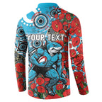 Personalised Cronulla Sharks ANZAC Button Sweatshirt Indigenous Wave Pattern Poppy Remembrance Shark Warrior