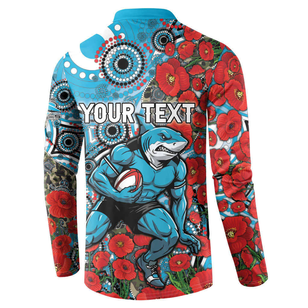 Personalised Cronulla Sharks ANZAC Button Sweatshirt Indigenous Wave Pattern Poppy Remembrance Shark Warrior