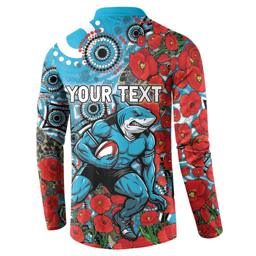 Personalised Cronulla Sharks ANZAC Button Sweatshirt Indigenous Wave Pattern Poppy Remembrance Shark Warrior