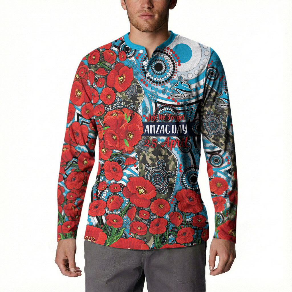 Personalised Cronulla Sharks ANZAC Button Sweatshirt Indigenous Wave Pattern Poppy Remembrance Shark Warrior