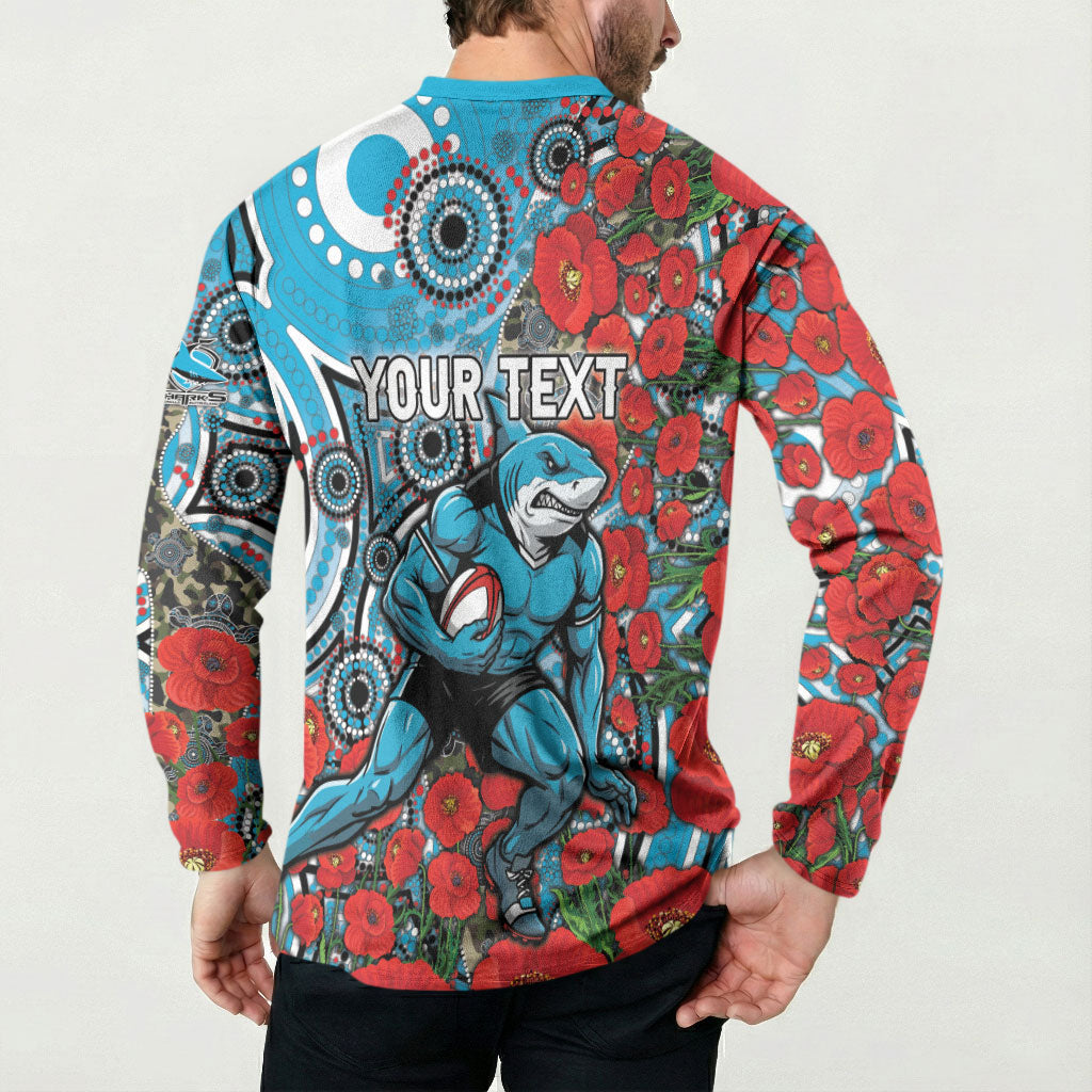 Personalised Cronulla Sharks ANZAC Button Sweatshirt Indigenous Wave Pattern Poppy Remembrance Shark Warrior